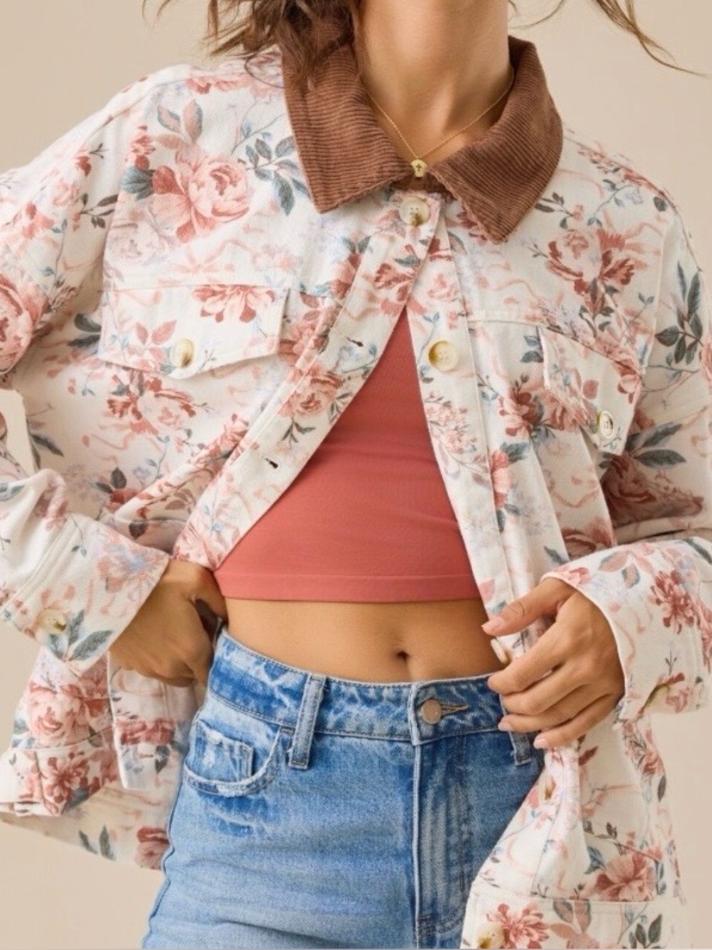 Altar’d State Women's Cotton Floral Barn Jacket With Corduroy Collar Size XL NWT
